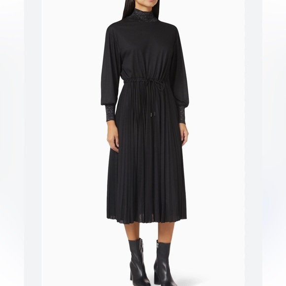 Marella Burda Midi Dress in Jersey Black 2XL Turtleneck Drawstring Pleated 2XL - Picture 1 of 6